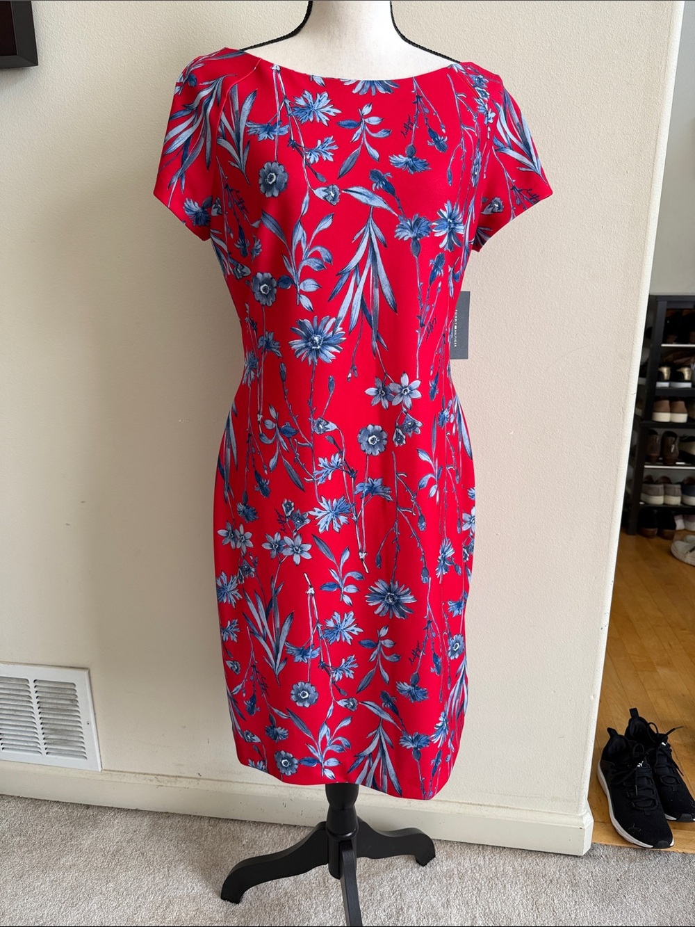 Tommy Hilfiger Red Floral Sheath Dress with Blue Print